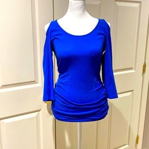 Blue Form Fitting Cold Shoulder Top